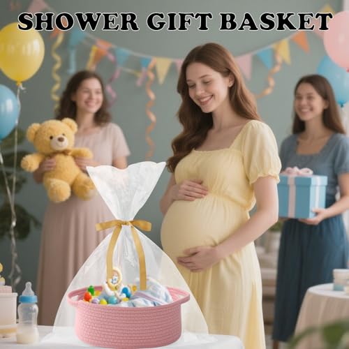 Image of Pink Woven Rope Basket - Baby Gift Basket with Bag & Ribbon