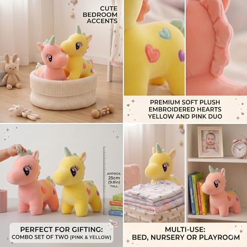 Image of HUG 'n' FEEL SOFT TOYS Pink & Yellow Unicorn Plush Soft Toy Pack of 2, 25 CM for Kids Girls Boys, Cute Stuffed Unicorn Teddy Combo, Birthday Gift & Room Decor