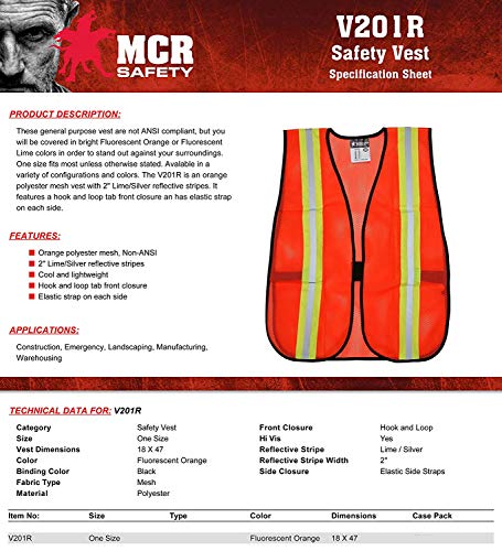 MCR Safety V201R Polyester Mesh General Purpose Safety Vest with 2-Inch Lime/Silver Reflective Stripe Fluorescent Orange / 3 PACK