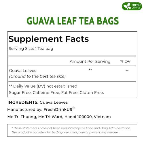 Image of FreshDrinkUS, Premium 55 Guava Leaf Tea Bags, 100% Natural & Pure from Guava Leaves. Loose Leaf Guava Herbal Tea. Guava Leaf Tea. No Sugar, No Caffeine, No Gluten, Vegan.
