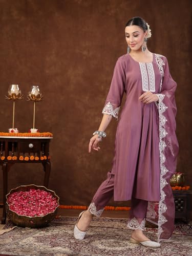 Image of Stylum Women's Embroidered Silk Blend Straight Kurta with Pant & Dupatta