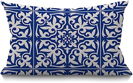 Smooffly Moroccan Tile Pillow Cover Traditional Floral Cobalt Blue Waist Lumbar Cotton Linen Throw Pillow case Cushion Cover for Sofa Home Decorative Oblong 12x20 Inches