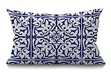 Smooffly Moroccan Tile Pillow Cover Traditional Floral Cobalt Blue Waist Lumbar Cotton Linen Throw Pillow case Cushion Cover for Sofa Home Decorative Oblong 12x20 Inches