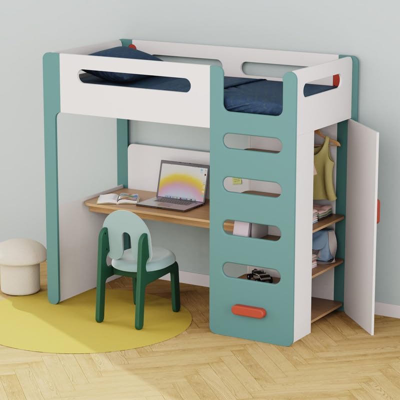 Smartsters All-in-One Loft Bed - Space-Saving Design with Built-in Desk, Storage, Wardrobe, Writing & Pin-Up Boards, Shelves | Comfortable Bunk Bed | H72xW78xD37 Inches | for Kids & Teens