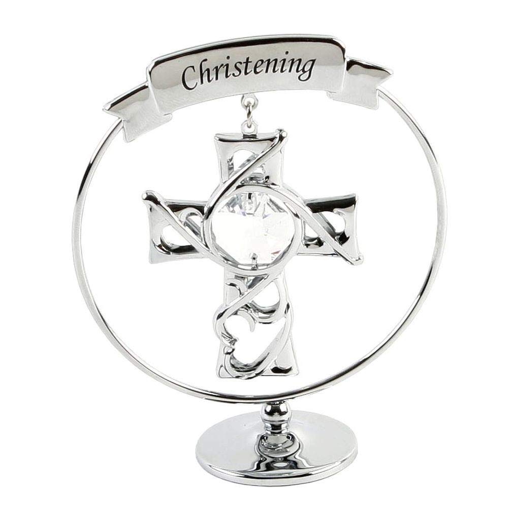 Crystocraft Keepsake Christening Cross Gift Ornament - Chrome Plated with Swarvoski Crystal Elements