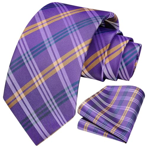 Image of HISDERN Mens Ties Plaid Tie and Pocket Square Set Classic Woven Formal Checkered Neckties & Handkerchief Wedding Party