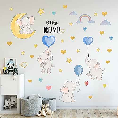 Colorful Balloon Flying Animals Wall Decals, Cute Elephant Love Hearts And Stars Wall Stickers, Dilibra Removable Peel And Stick Cartoon Neutral Vinyl Wall Decor For Kids Nursery Bedroom Living Room #TOP4