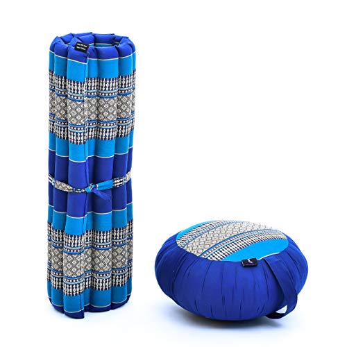 Image of Leewadee Meditation Cushion Set - 1 Round Zafu Meditation Pillow and 1 Square Roll-Up Zabuton Meditation Mat, Pillows Bundle Filled with Kapok