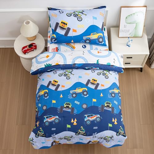 Image of Btargot 4 Pieces Reversible Cartoon Car Kids Off-Road Vehicle Toddler Bedding Set, Race Car Motorcycle Construction Truck Comforter Sets for Baby Girls Boys, Dark Blue