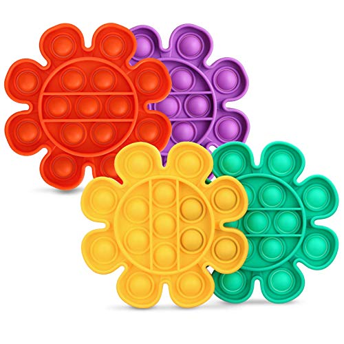 Push Pop Bubble Sensory Fidget Toy, LIUMY 4Pcs Autism Special Needs Stress Reliever, Silicone Squeeze Playing Board Emotions Anti-Anxiety Relief Tools for Kids, Adults (Flower Shape, 4 Colors)