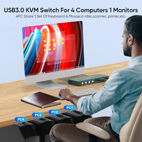 USB3.0 KVM Switch 4 Computers 1 Monitors,4K@60HZ 4 Port HDMI KVM Switches with 3 USB3.0 Ports to Share Keyboard Mouse Printer,4 in 1 Out Monitor Switch