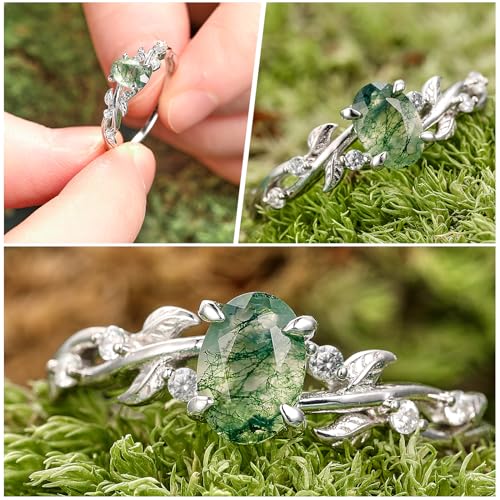 Engagement Rings for Women 925 Sterling Silver Oval Cut Moss Agate/Black Rutilated Quartz/Emerald Gemstone Wedding Rings Promise Ring Size 5-94