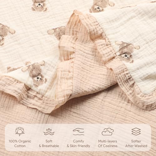 Image of 100% Organic Cotton Muslin Baby Blanket Flounce Edge Large 50 inchx43 inch Teddy Bear, Soft Breathable Toddler Quilt Crib Blankets Gender Neutral for Baby Boys and Girls Bassinet, Bed, Stroller & Snuggling
