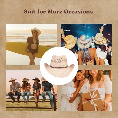 Image of Straw Cowboy Hats Cowgirl Hat Western Cowboy Hat Rancher Hat for Men Women, Exquisite Decoration Band