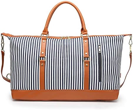 Women Canvas Travel Weekender Stripe Tote Overnight Bag Blue stripe 2 Women Canvas Travel Weekender Stripe Tote Overnight Bag Blue stripe