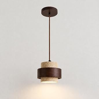 Natural Stone Ceiling Pendant Light, Yellow Cave Stone Droplight, Travertine & Wood Hanging Lamp, Modern Wabi Sabi Chandeliers for Kitchen Island, Hallway, Bedroom, Dining Room
