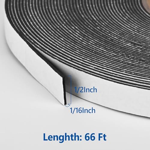 Image of Kikerike Self Adhesive Foam Tape Weatherstrip 1 /2In x 1 /16In x 66Ft High Density Foam Insulation Strips Seal Weather Stripping with Strong Adhesive for Door and Window Sound Isolation Soundproofing