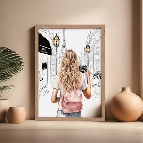 Image of Poster Master Fashion Poster - Lady With A Camera Print - Trendy Art - Paris Art - Modern Art - Gift for Women & Fashionista - Glamour Wall Decor for Bedroom or Girl's Room, 16x20 Beige Framed