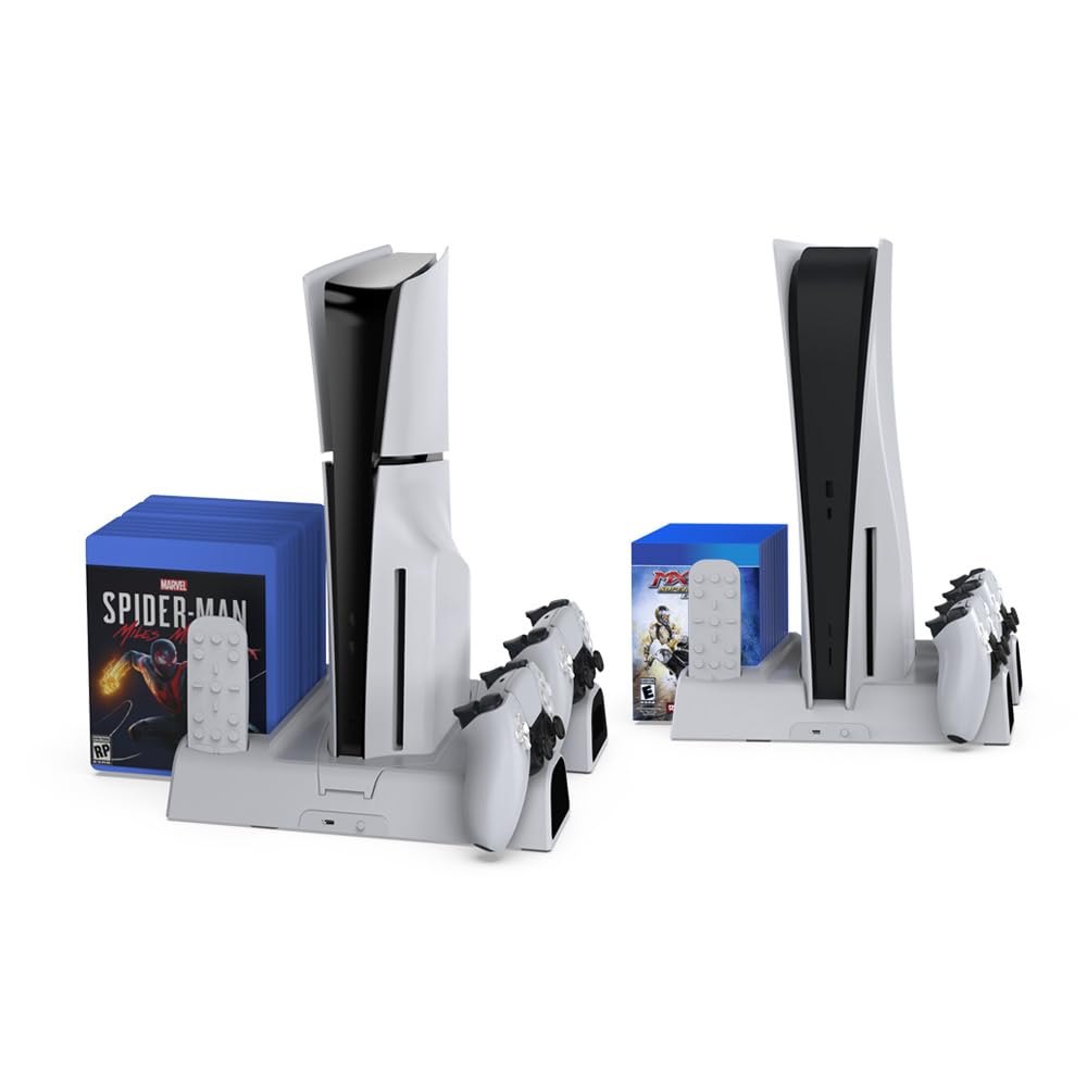 para PS5 Slim Estación de Refrigeración con Estación de Carga del Mando, Multifuncional LED RGB Ventilador Controlador Doble Base de Carga para PS5 Slim