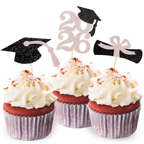 Image of Class of 2026 Glitter Graduation Cupcake Topper, Food /Appetizer Picks for Graduation Party (Rose Gold)