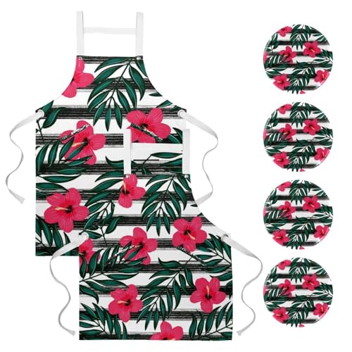 Lot de 2 tabliers de cuisine à motif de feuilles tropicales avec 4 broches incluses