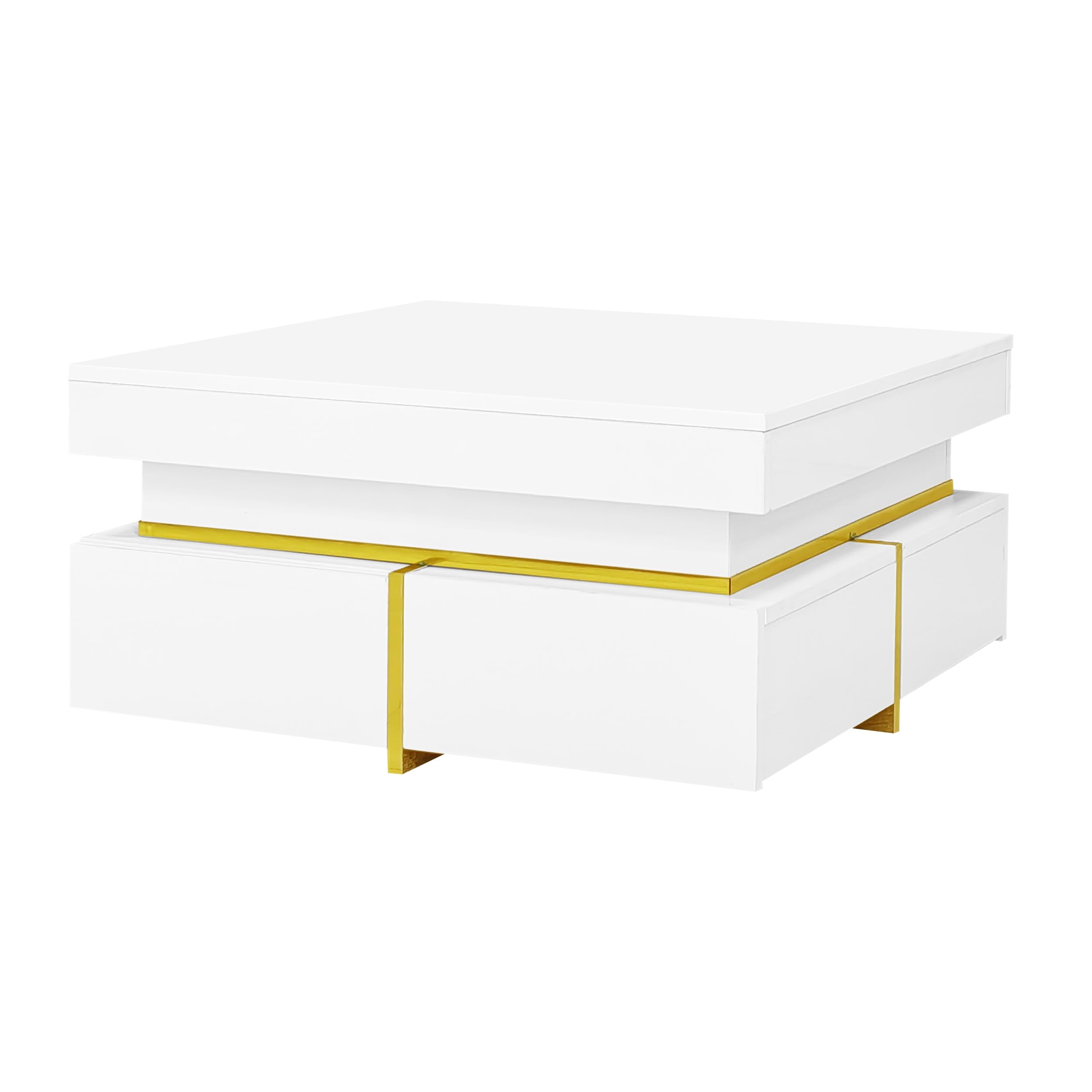 Table basse de salon brillante de qualité premium avec rangements et finitions dorées