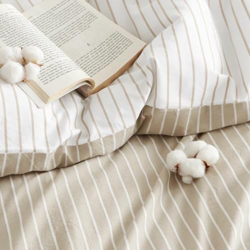 Image of Nayoroom Striped Duvet Cover Queen Size Reversible Brown White Striped Duvet Cover Girls Dorm Bedding Set 3 Pieces Soft Lightweight Washed Microfiber Farmhouse Bedding Set