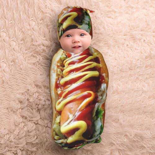 Image of Funny Food Newborn Swaddling Blanket Beanie Hat Sets Soft Baby Receiving Funny Hot Dog Food Blanket Soft Sleeping Bag New Born Soft Sleep Sacks for Boys Girls
