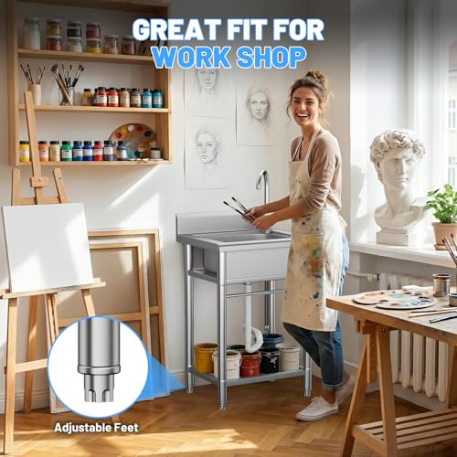 Image of Utility Sink Free Standing Single Bowl Kitchen Sink with Cold and Hot Water Pipe Stainless Steel Sink for Garage Shop Laundry Room Basement Garden Farmhouse Mens Gifts Outdoor Indoor fregadero