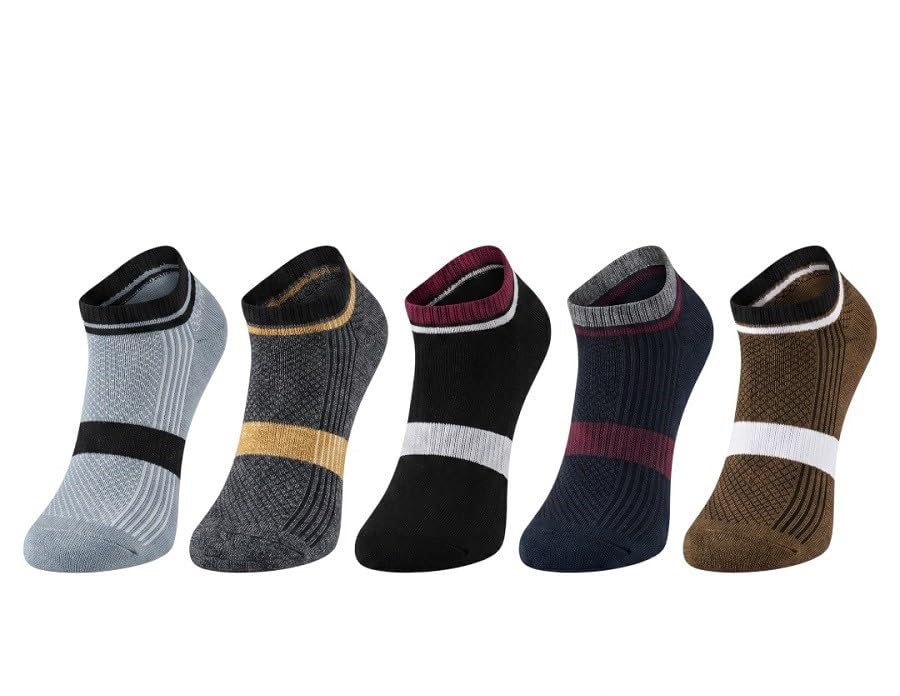 Pack of 5 Mens Ankle Socks with Textured Stripe | Cotton Blend Low Cut No Show Socks for Men | Grey, Black, Navy, Brown Socks for Sports, Gym, Casual Wear-picture-22