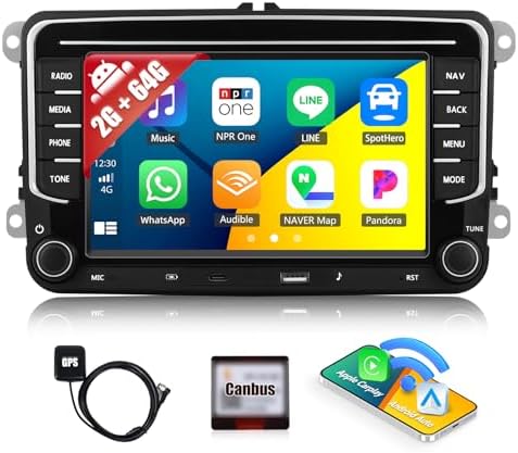 2+64GB Car Radio for VW Polo Caddy Golf 5 6 Tiguan T5 Scirocco Skoda Octavia Android 13 Head Unit 7" Touch Screen Car Stereo with Wireless CarPlay Android Auto, Bluetooth, GPS Navigation, FM RDS Radio