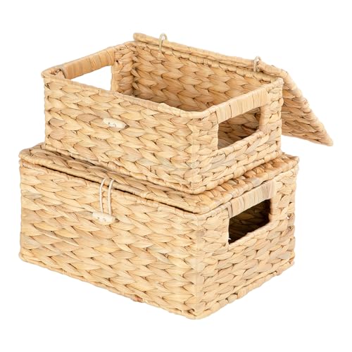 Ezvsevuo Cesta Mimbre - Paquete de 2 Cestas de Mimbre con tapas - Cestas de Almacenamiento con Asas - Caja para Baño, Cocina o Decoración del Hogar - 28,5 x 20 x 14 cm & 23,5 x 17,5 x 11 cm