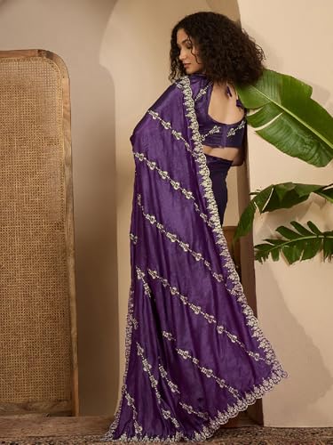 Image of SIRIL Women's Shimmer Georgette Embroidery Scalloped Border Saree with Unstitched Blouse Piece