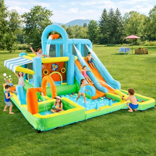 Fitnessclub Kids Inflatable Water Park Bounce House, Double Water Slides with Toy Market Stall & Shower Zone, Trampoline, Climbing Wall, Splash Pool, Sun Canopy Awning for Backyard Outdoor Summer Play