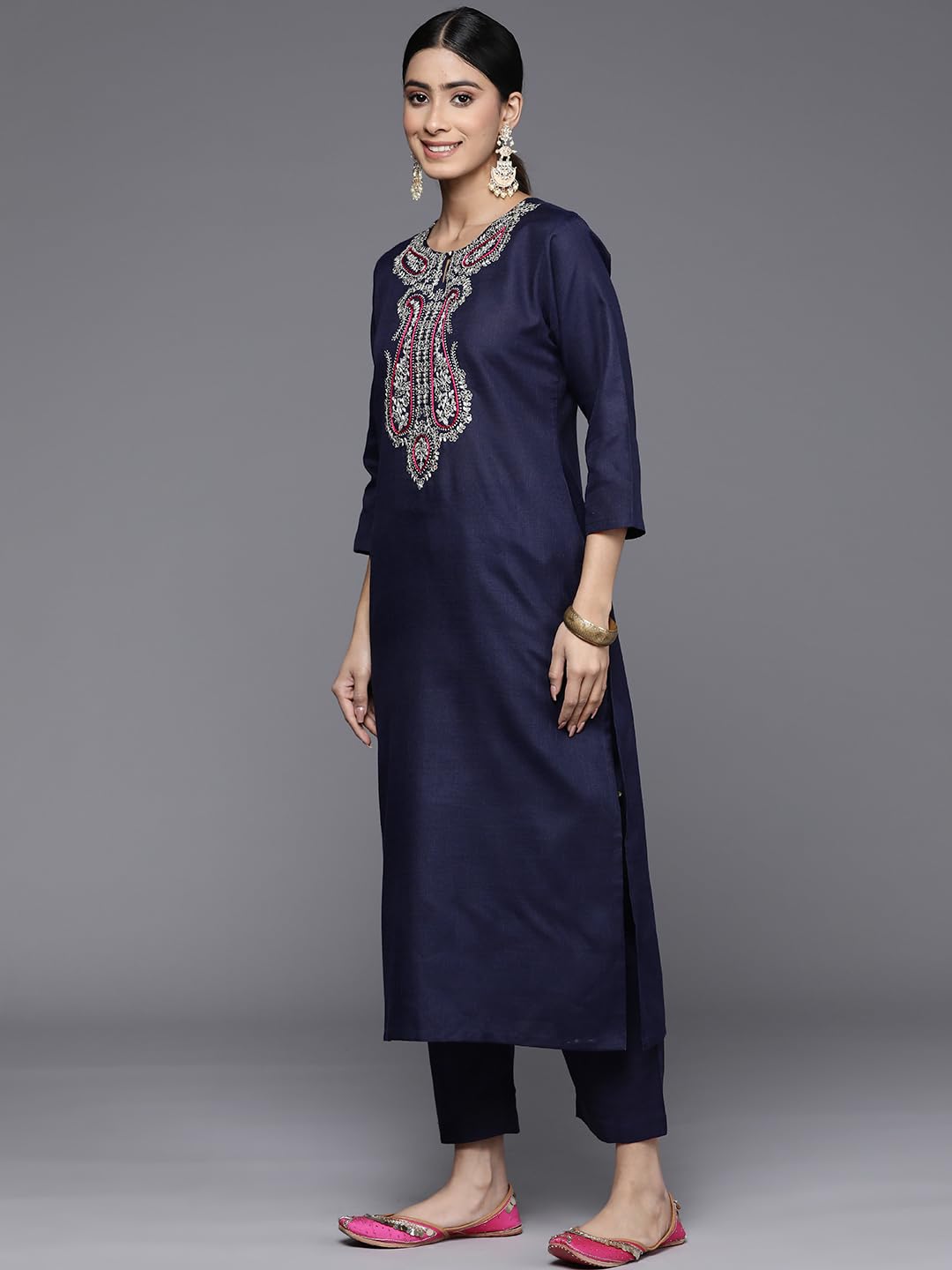Varanga Women Solid Round Neck Yoke Kurta Paired With Tonal Bottom And Contrast Dupatta