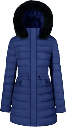 BodiLove Womens Winter Quilted Puffer Short Coat Jacket Plus Size with Removable Faux Fur Hood and Zipper Navy M