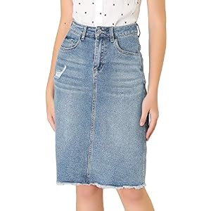 Women’s Basic Distressed High Waist Ripped Hem Washed Jeans Denim Skirt www.denim.fit