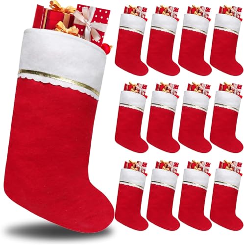 12 Stücke Weihnachtsstrümpfe Große, Nikolausstiefel Rot Vliesstoff mit Goldenem Rand, Nikolausstrumpf Weihnachtssocken zum Aufhängen und Befüllen an Weihnachten für Weihnachten DIY Zubehör (12)