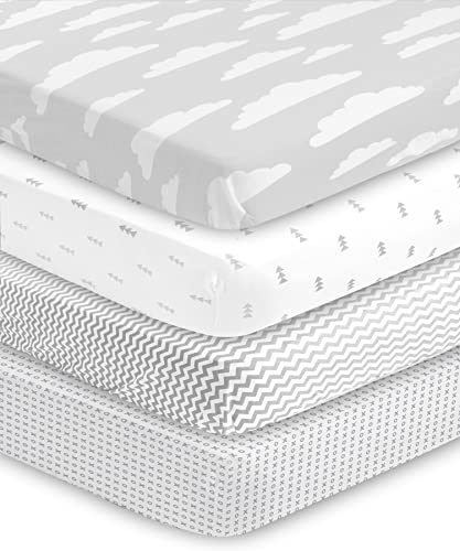 Image of BaeBae Goods Premium Crib Sheets for Baby Boys and Girls, 4 Pack, Soft and Breathable Jersey Knit Fitted Sheet Set, Grey and White, Cute Gender Neutral Nursery Mattress Bedding, Universal Fit