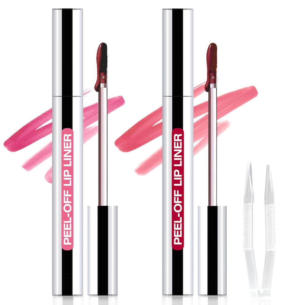 2Pcs Matte Lip Stain Peel Off Lip liner with Tweezer, Peel Off Lip Stain, Long Lasting Waterproof Lipstick Lip Gloss Tattoo, Transfer-proof for All Skin Types (00#+06#)