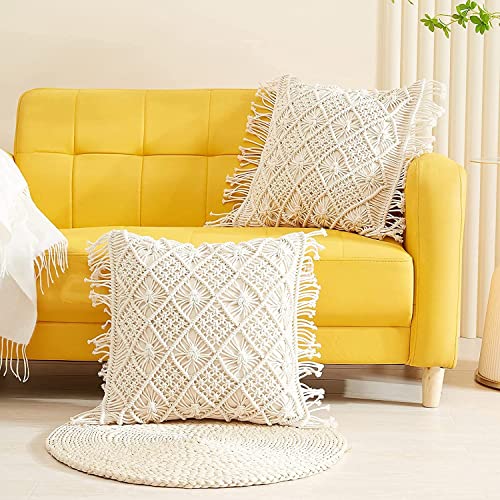 Image of Beautifull and Luxurious Handmade 100% Cotton Macrame Cushion Cover 16 inchx16 inch inch in Natural White Colour | Boho Cushion Cover in Premium Canvas Duck Fabric (5, Off White)