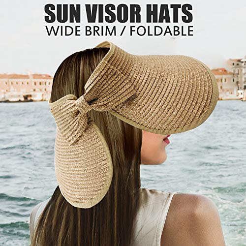 Women's Sun Visor Wide Brim Straw Hats(2 Pack), Foldable/Packable Summer Uv Sun Protection Beach Hat - Adjustable #TOP1