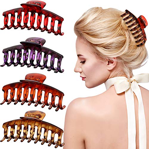4 Pieces Large Hair Claw Clips 4.2 Inch Nonslip Large Claw Clip for Women and Girls Thin Hair, Strong Hold for Thick Long Hair (Brown, Yellow, Purple, Rose Red)