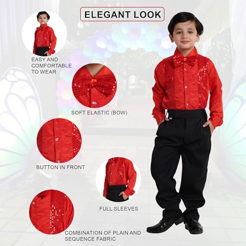 Image of Kaku Fancy Dresses Dance Costume Shinning Shirt With Bow Tie for Kids | Sequin Work School Annual Function & Theme Party's Shirt for Boys (ONLY SHIRT)