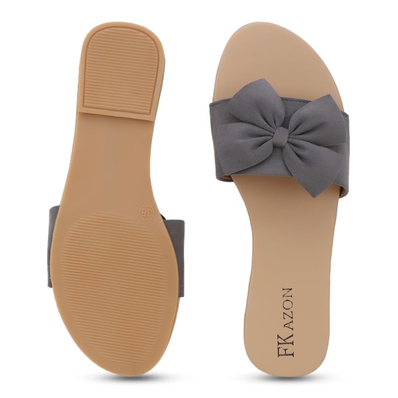 Image of Women's Bow Toe Ring Flats - Stylish & Comfortable Slipers||FK 01 GREY B147 39