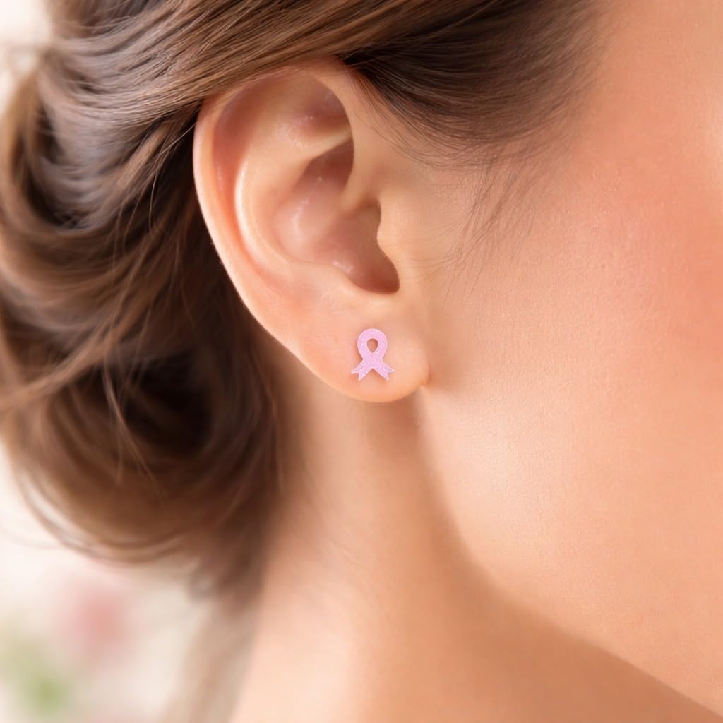 Limited Edition Solid 925 Sterling Silver Pink Breast Cancer Ribbon Stud Earrings nickel free, Hypoallergenic - Image 2
