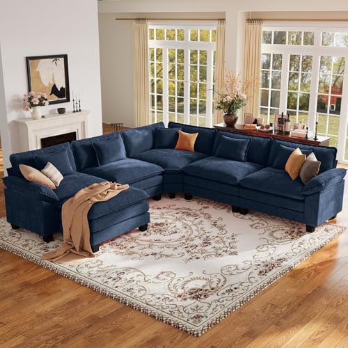CDCASA 117" Oversized Modular Sectional Sofa with Corner, Comfy V-Shaped Cloud Couch w/Ottoman, 6-Seater Chenille Deep Seat Modern Sofa Couch for Living Room, DIY Combination, Blue