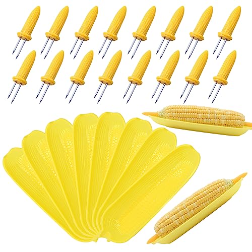PEOUWNES Corn Dishes and Holders - 16 Pack Holders 8 Pack Dishes - Stainless Steel Perfect for Corn on the Cob