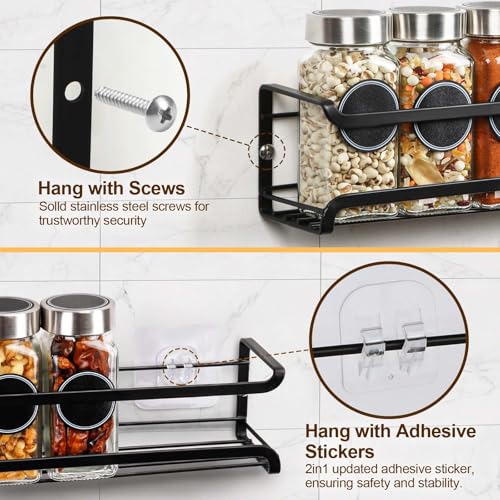 Spice Rack Wall Mounted 4 Pack, Space-Saving Spice Organiser with Adhesive and Screws – Spice Jar Storage Shelf for Inside Cupboard & Kitchen Door(Black) - Image 4