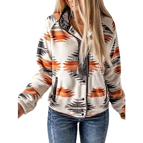 Maixang Women's Western Aztec Print Jacket Casual Fleece Long Sleeve Shacket Snap Button Shirt Jacket with Pockets